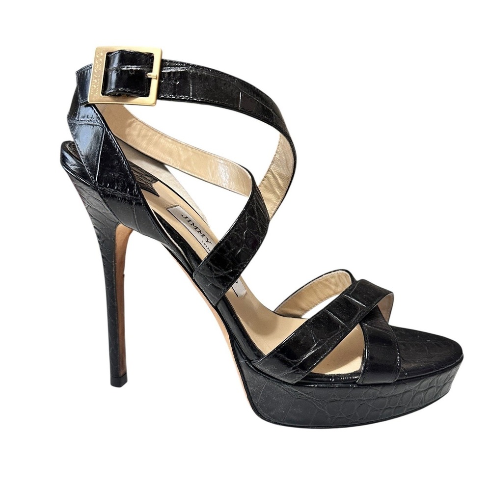 Jimmy Choo Women's Black Croc Embossed Vamp Leather‎ Platform Heels Size 38